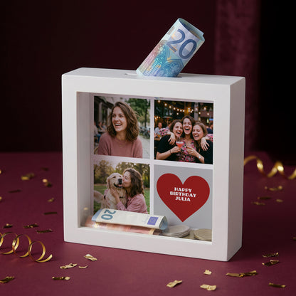 Bilderrahmen mit Fotos und Wunschtext zum Geburtstag als Spardose für Geldgeschenke
