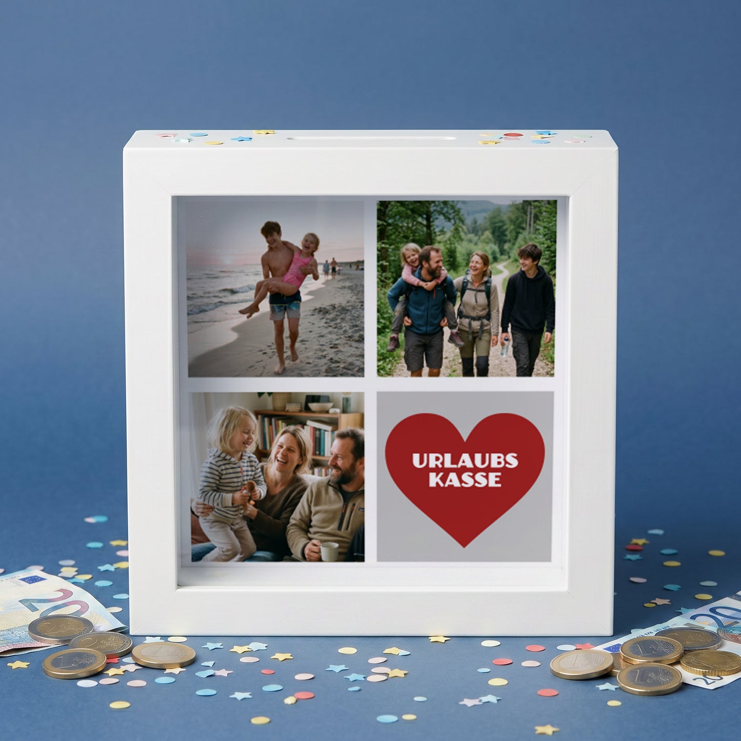 Bilderrahmenspardose mit Fotos und Wunschtext für die Urlaubskasse