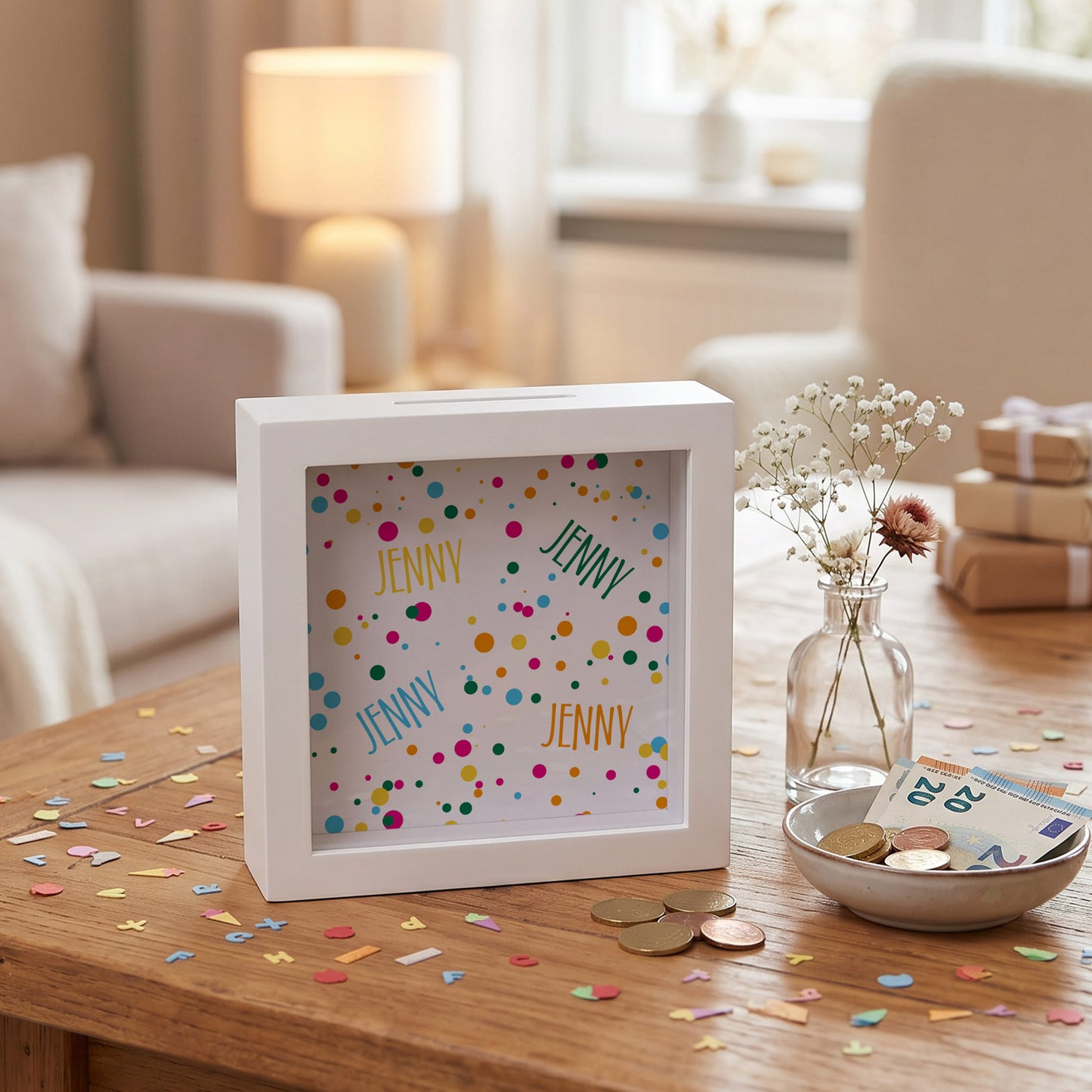 Geldgeschenk zum Geburtstag – Bilderrahmen Spardose mit Name