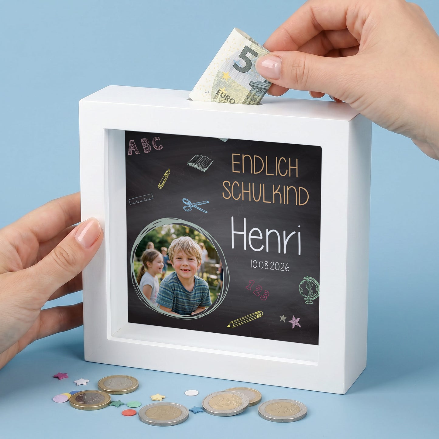 Bilderrahmen Spardose zur Einschulung für ein persönliches Geldgeschenk mit Foto und Wunschdaten