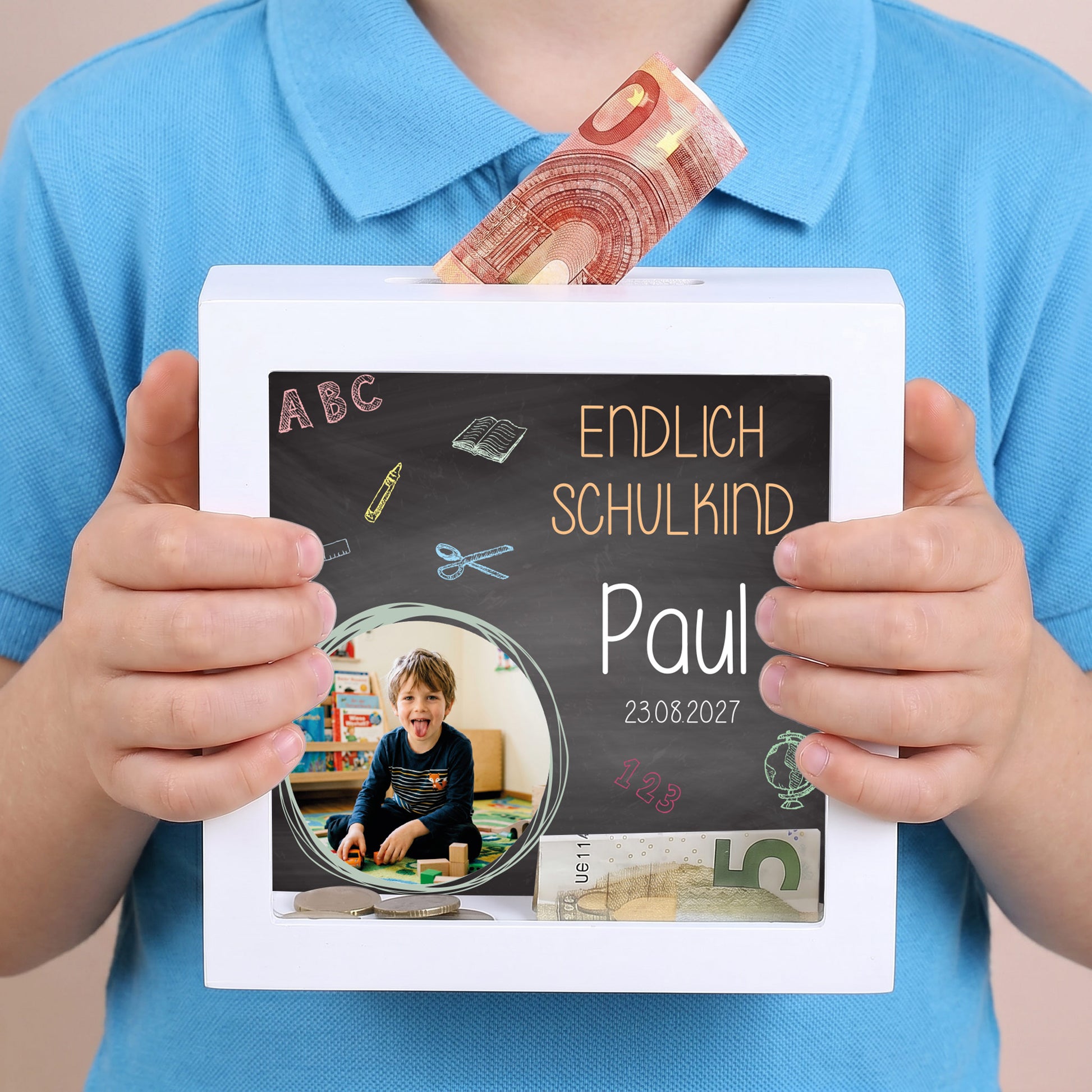 Bilderrahmen Spardose zum selbst befüllen mit Tafelmotiv zum Schulstart