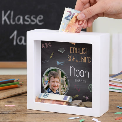Bilderrahmenspardose zum Schulstart mit Foto, Datum und Wunschname