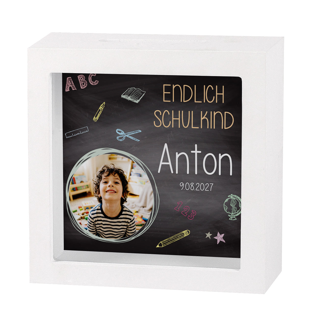 Bilderrahmen Spardose mit Foto, Datum und Name zur Einschulung