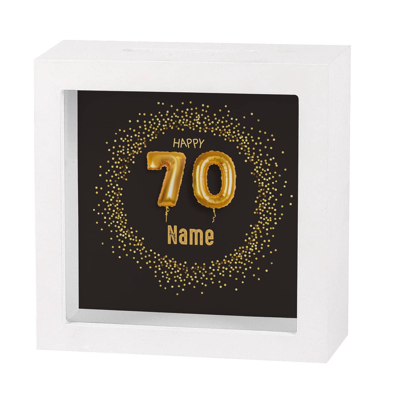 Geldgeschenk Bilderrahmen Spardose zum 70. Geburtstag mit Name, 15x15cm
