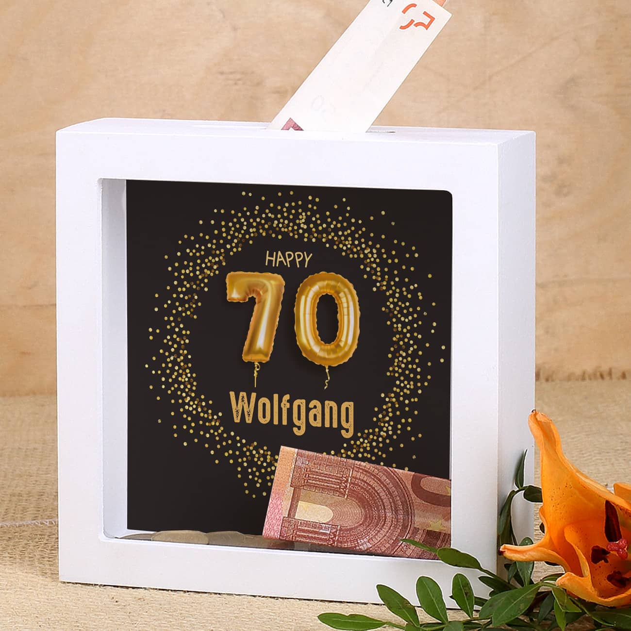 Happy 70 - Bilderrahmen Spardose zum 70. Geburtstag mit Name, 15x15cm