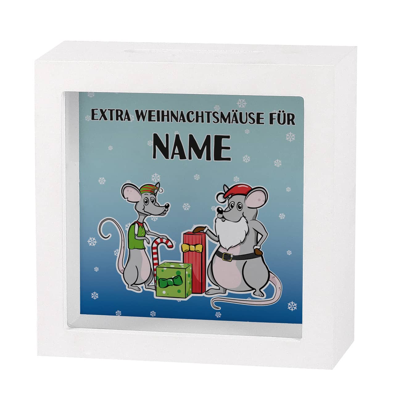 Originelles Geldgeschenk - Bilderrahmen Spardose mit extra Weihnachtsmäusen und Ihrem Wunschnamen bedruckt