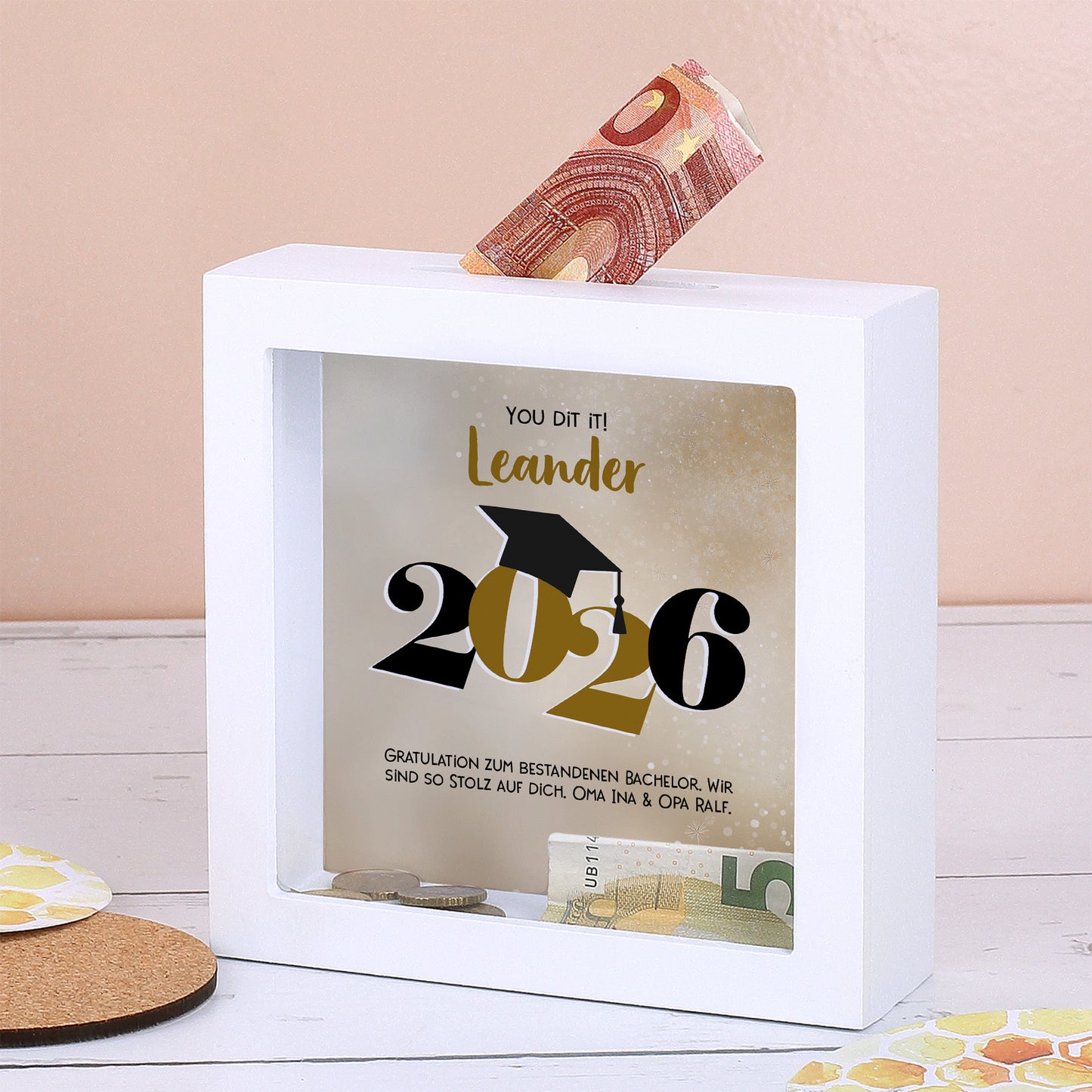 Bilderrahmen Spardose 2026 mit Name Leander, Wunschtext und Geldschein als Abschlussgeschenk