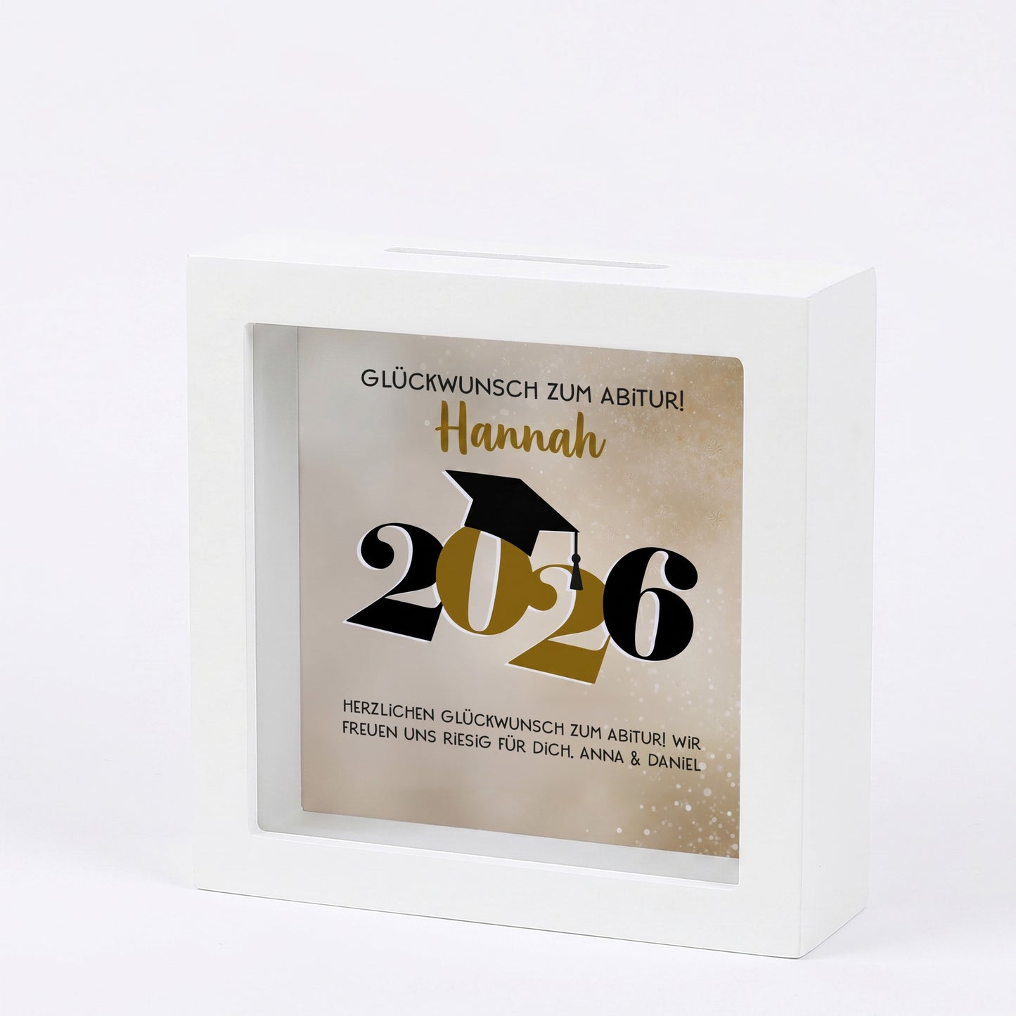 Bilderrahmen Spardose Glückwunsch zum Abitur 2026 mit Name Hannah im weißen Rahmen