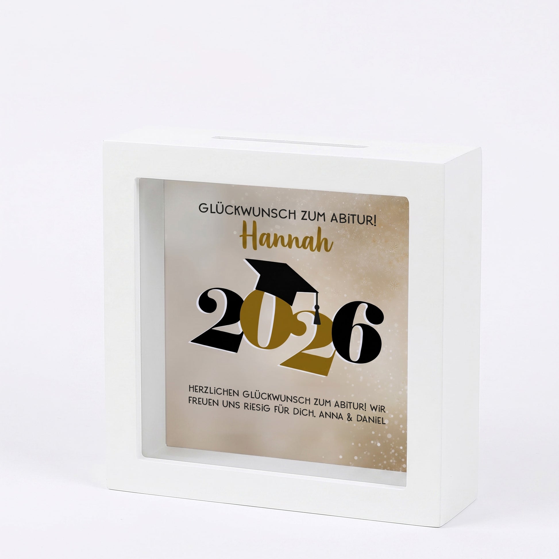 Bilderrahmen Spardose Glückwunsch zum Abitur 2026 mit Name Hannah im weißen Rahmen