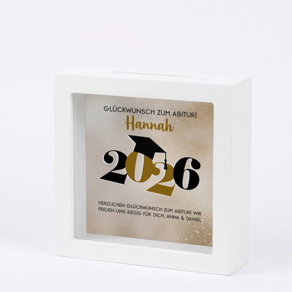 Bilderrahmen Spardose Glückwunsch zum Abitur 2026 mit Name Hannah im weißen Rahmen