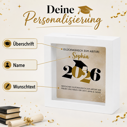 Produktinfo zur Personalisierung der Bilderrahmen Spardose mit Überschrift, Name und Wunschtext