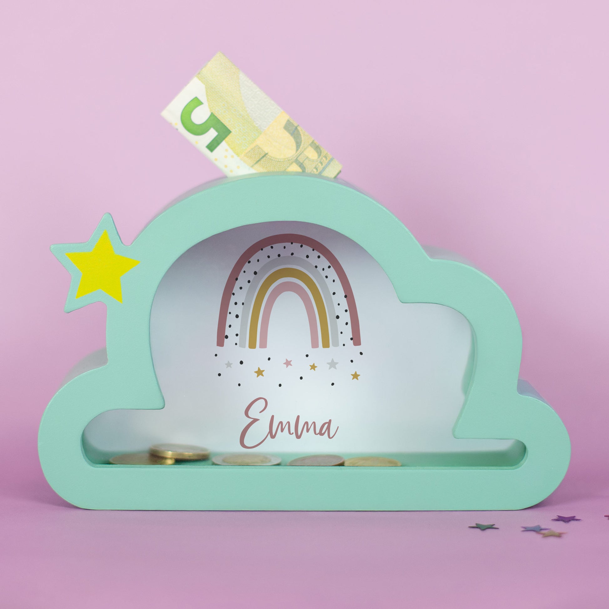 Wolken-Spardose in Mint mit Regenbogen und personalisiertem Namen, Geldscheine sichtbar, perfektes Geschenk für Kinder