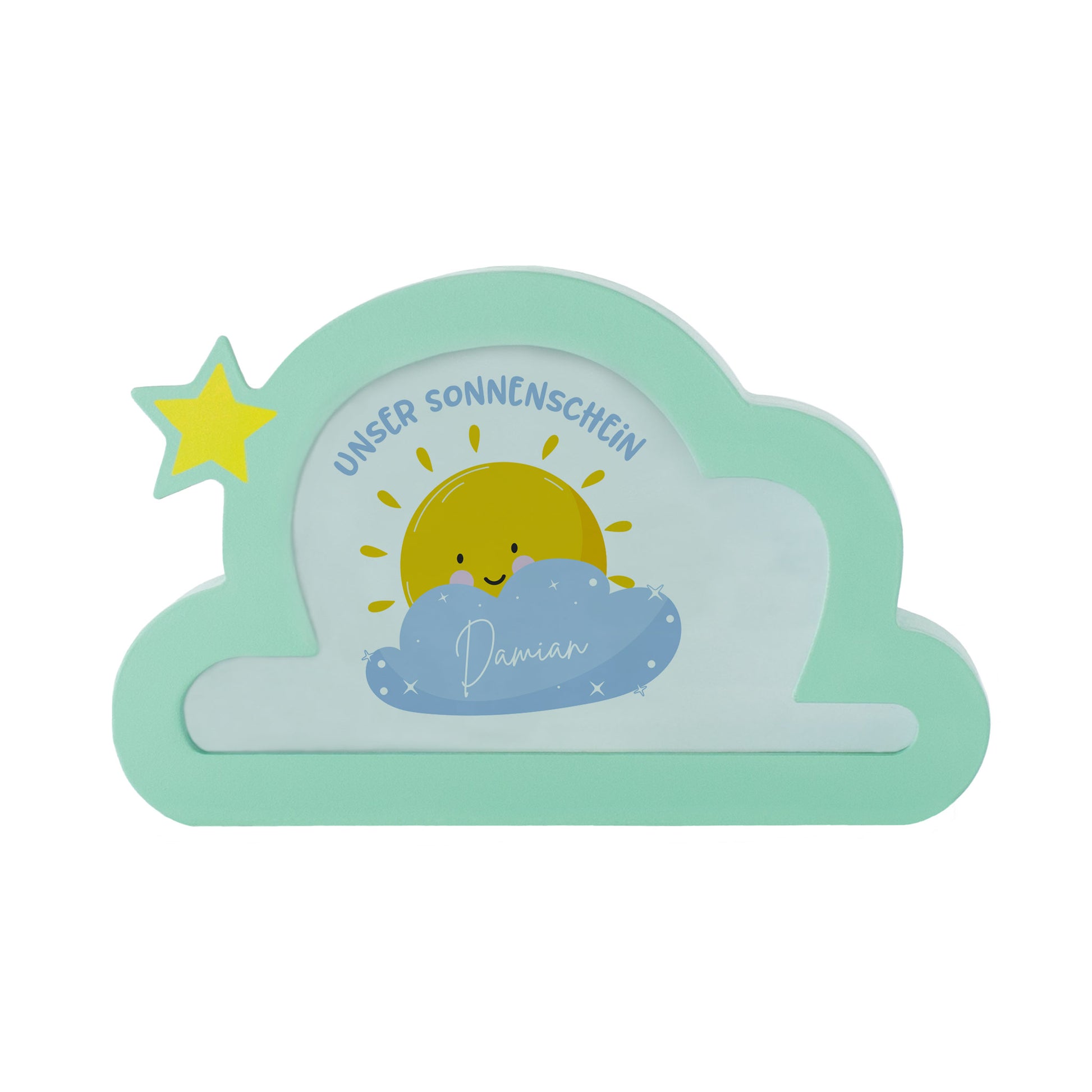 Spardose Wolke mit Sonnenschein-Motiv, personalisierbar mit Name, freigestellte Studioaufnahme