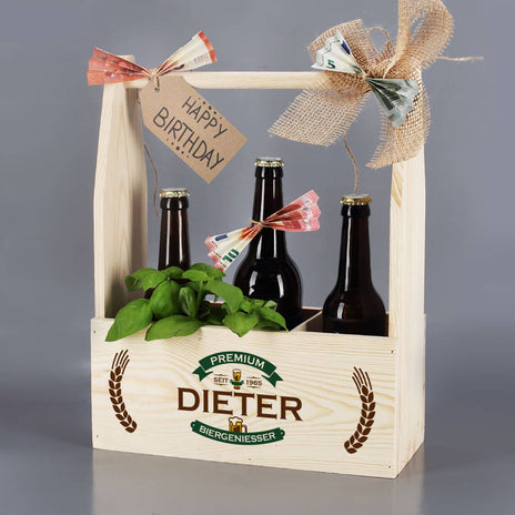 Holzkiste - Bierträger mit persönlichem Aufdruck, Name und Geburtsjahr