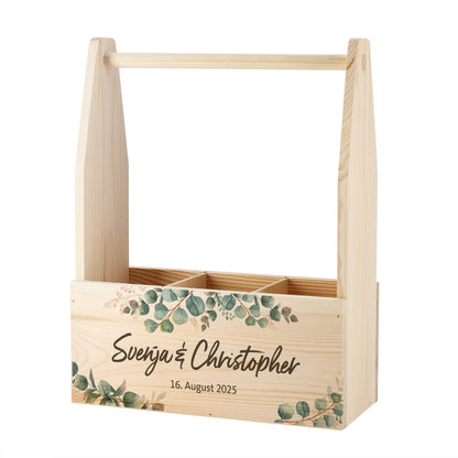 Persönlicher Flaschenträger aus Holz – Hochzeitsgeschenk mit Eukalyptus-Motiv