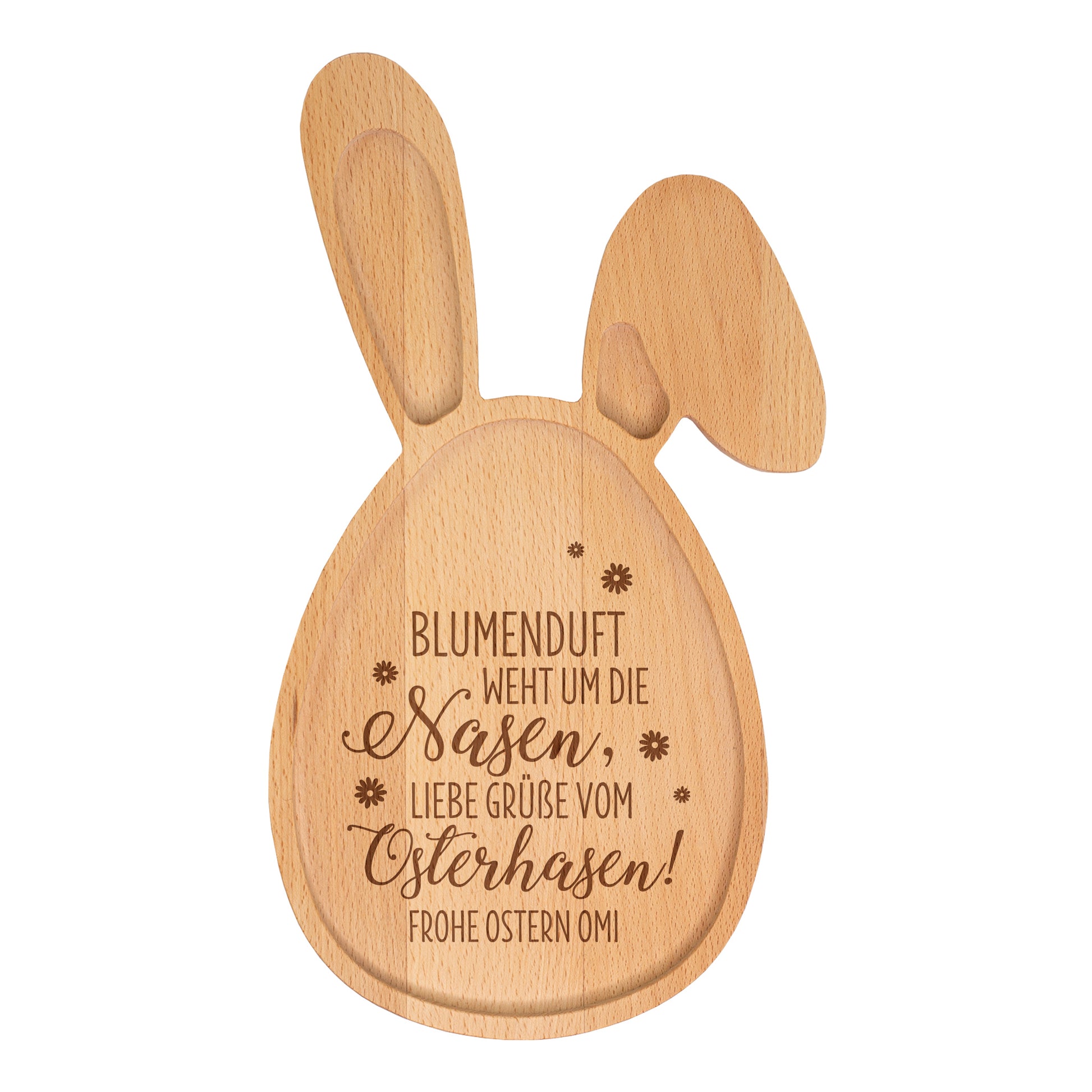 Rückseite des Hasenbrettchens aus gedämpftem Buchenholz mit glatter Oberfläche und umlaufendem Rand auf weißem Hintergrund