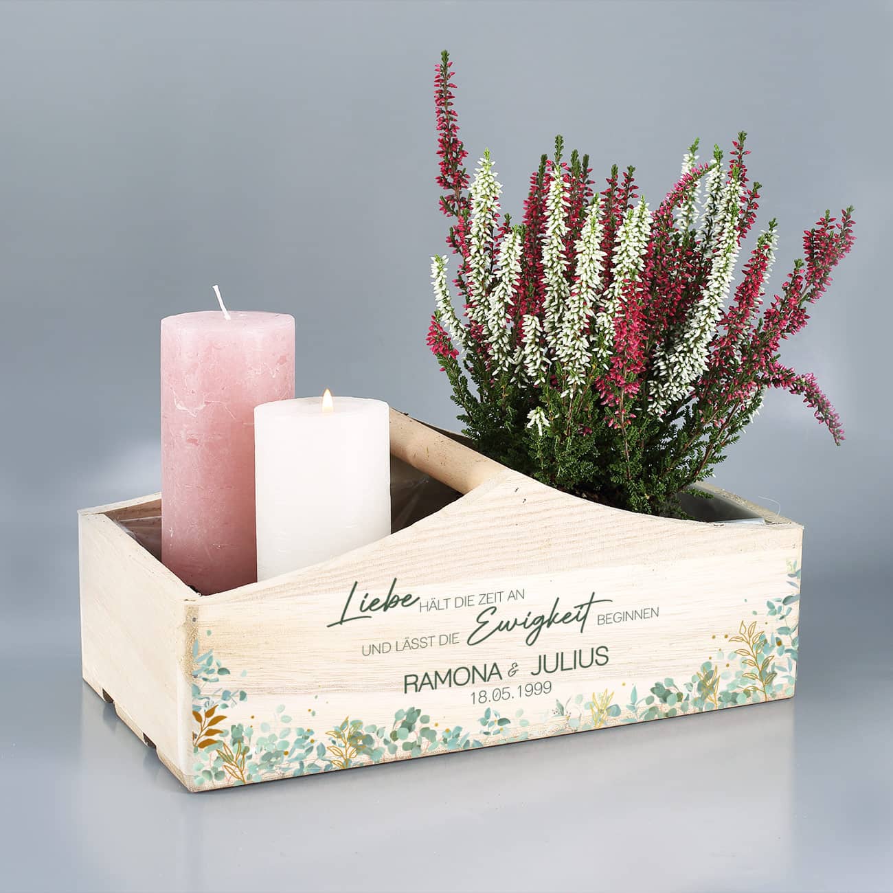 Personalisierter Pflanzkorb mit einem romantischen Spruch und Watercolor Pflanzen bedruckt