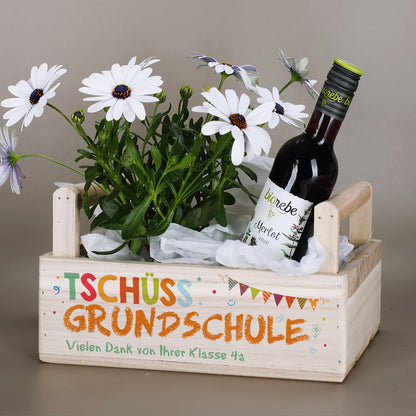 Tschüss Grundschule - Präsentkorb Pflanzkiste als Abschiedsgeschenk für Lehrer