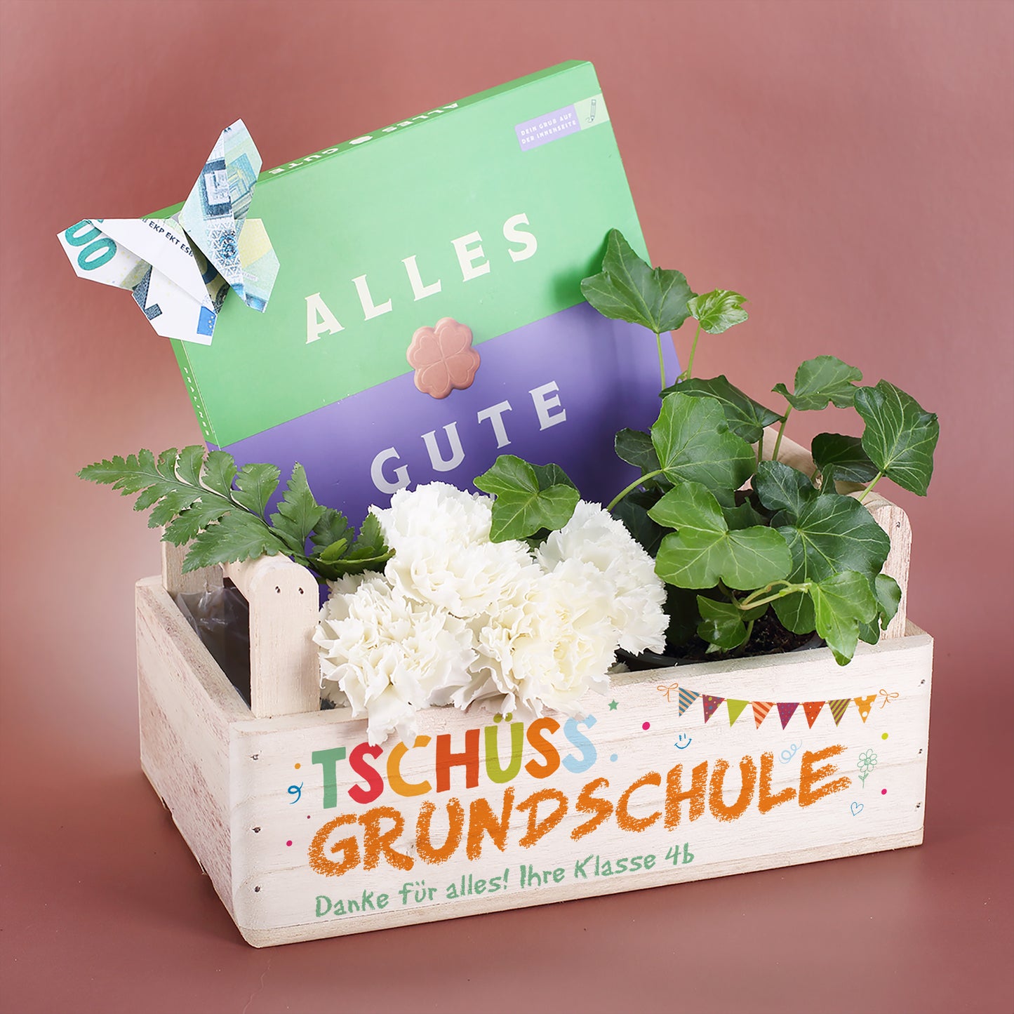 Tschüss Grundschule - Präsentkorb Pflanzkiste als Abschiedsgeschenk für Lehrer