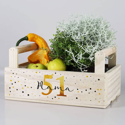 Bedruckte Holzkiste mit Alter und Name personalisiert