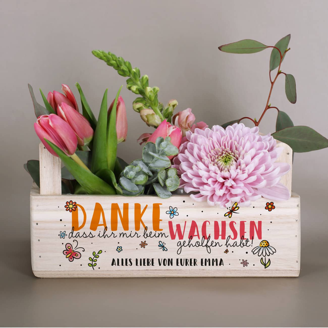 Persönlicher Pflanzkorb für Erzieher "Danke, dass ihr mir beim Wachsen geholfen habt!" mit eigenem Text