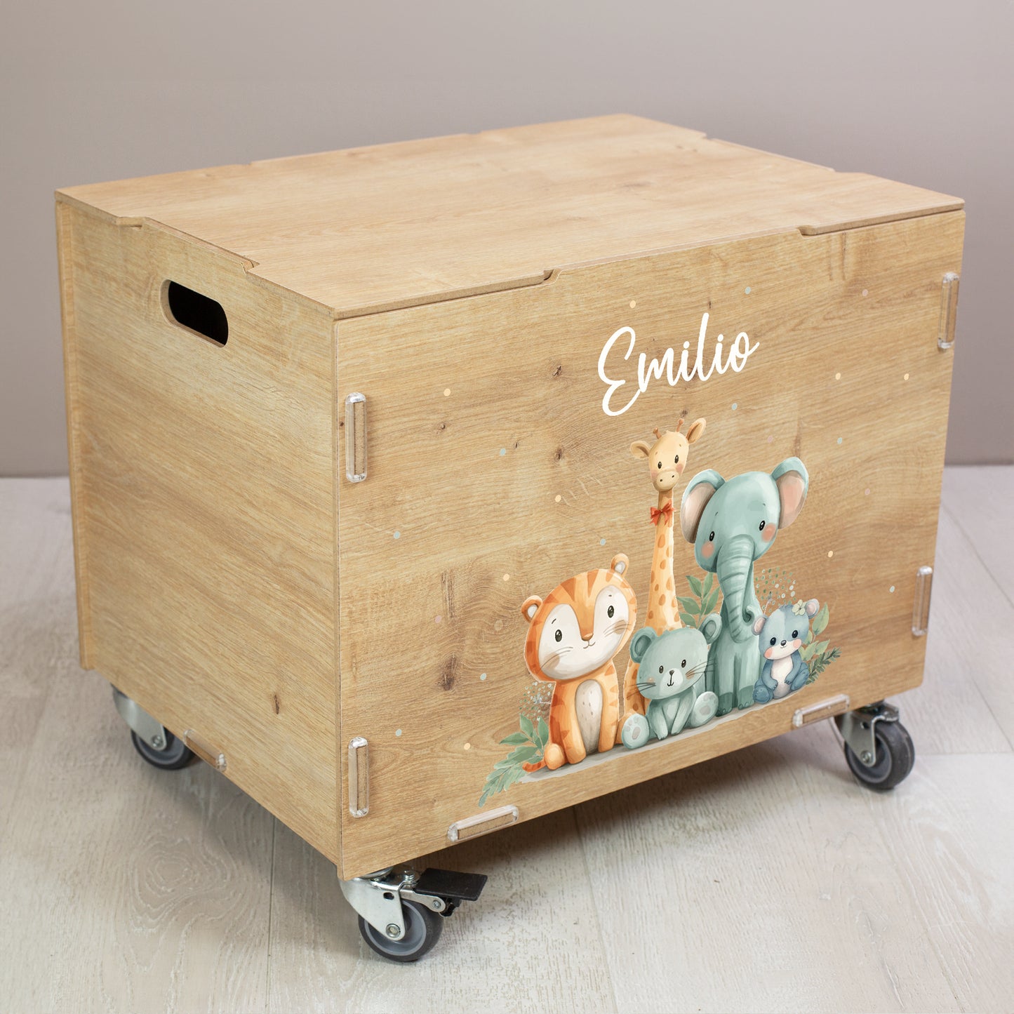 Personalisierte Rollbox aus Holz - Tierfreunde auf Safari - von clipfritz | Spielzeugkiste mit Name