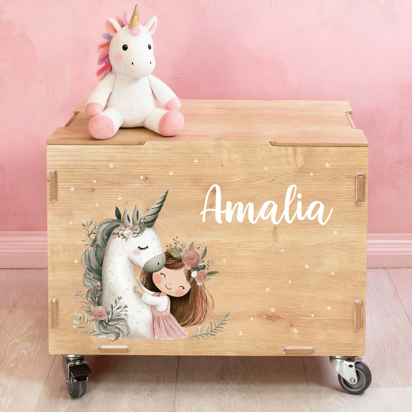 Personalisierte Rollbox aus Holz von clipfritz mit Einhorn & Prinzessin | Spielzeugkiste für Mädchen