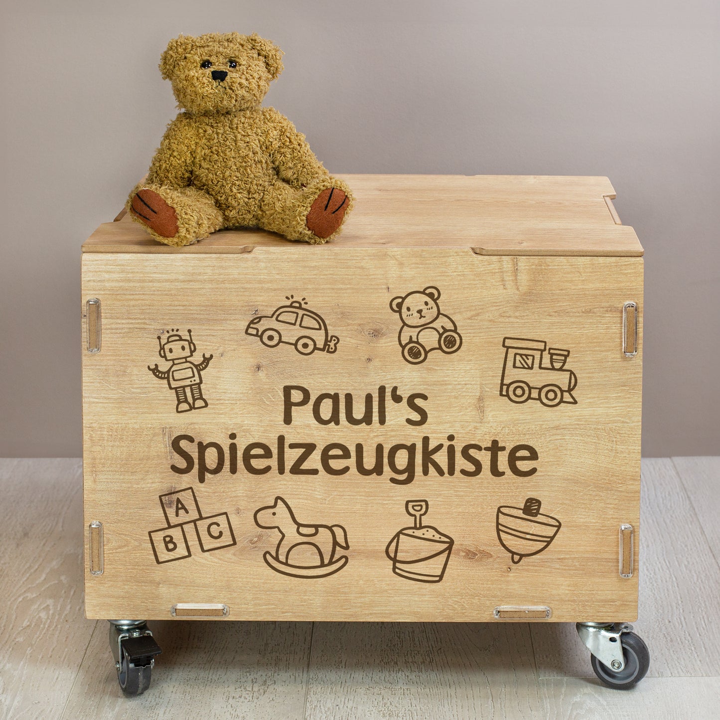 Personalisierte Rollbox aus Holz von clipfritz | Aufbewahrungsbox mit Spielzeugmotiv & Wunschtext