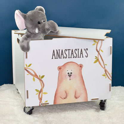 Personalisierte Rollbox aus Holz mit Bären-Motiv von clipfritz | Spielzeugkiste für Kinder mit Name