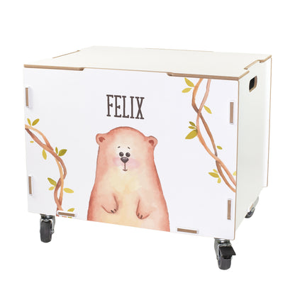 Personalisierte Rollbox aus Holz mit Bären-Motiv von clipfritz | Spielzeugkiste für Kinder mit Name
