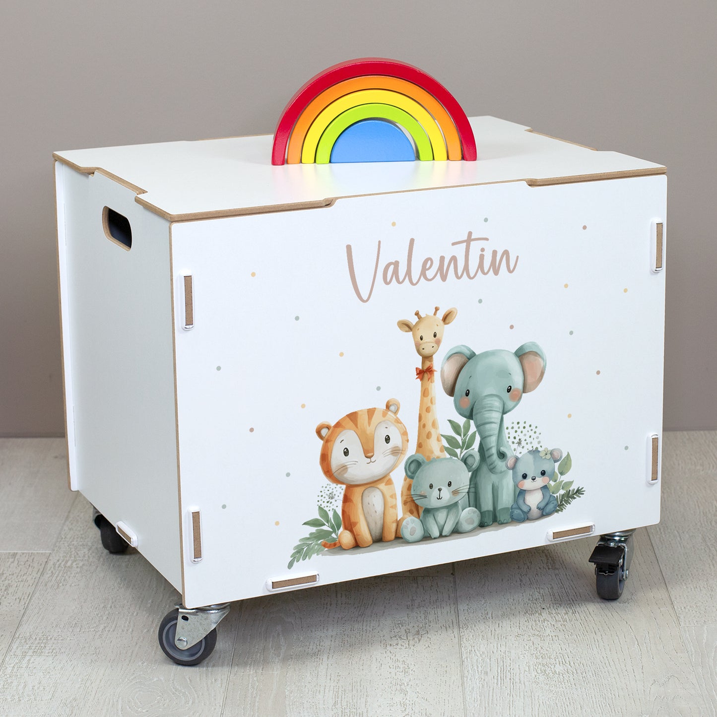 Personalisierte Rollbox aus Holz - Tierfreunde auf Safari - von clipfritz | Spielzeugkiste mit Name