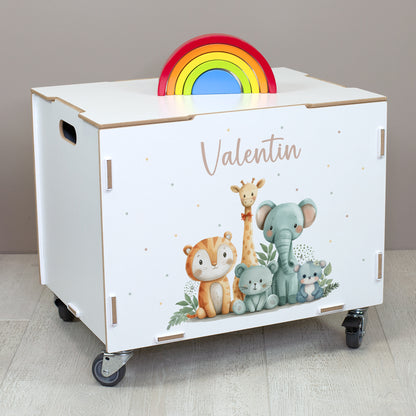 Personalisierte Rollbox aus Holz - Tierfreunde auf Safari - von clipfritz | Spielzeugkiste mit Name