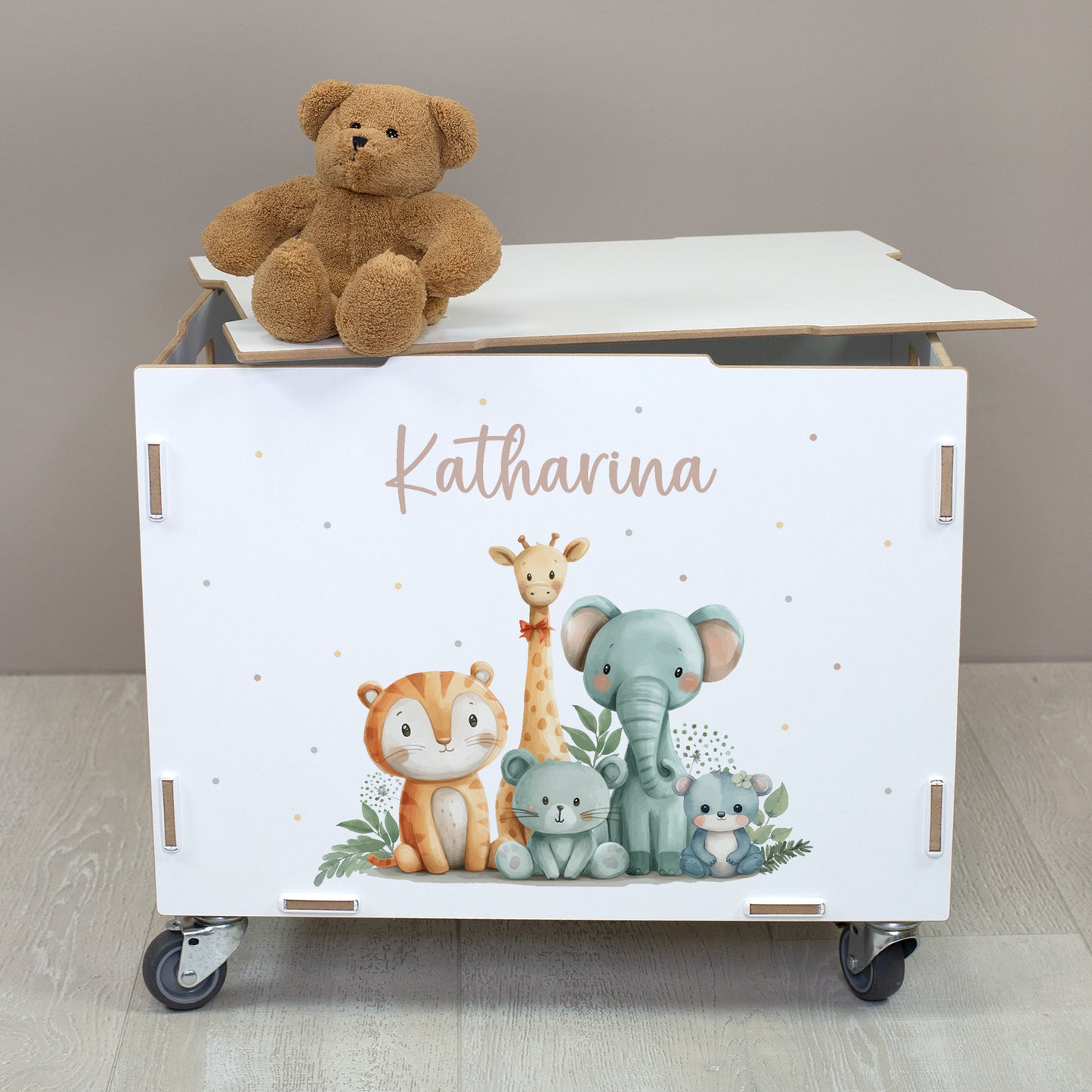 Personalisierte Rollbox aus Holz - Tierfreunde auf Safari - von clipfritz | Spielzeugkiste mit Name
