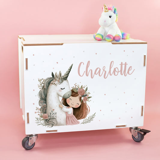 Personalisierte Rollbox aus Holz von clipfritz mit Einhorn & Prinzessin | Spielzeugkiste für Mädchen