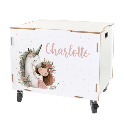 Personalisierte Rollbox aus Holz von clipfritz mit Einhorn & Prinzessin | Spielzeugkiste für Mädchen