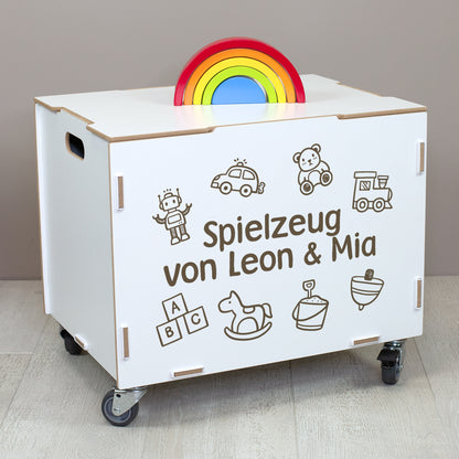 Personalisierte Rollbox aus Holz von clipfritz | Aufbewahrungsbox mit Spielzeugmotiv & Wunschtext
