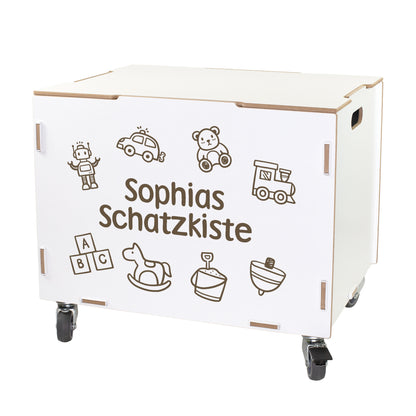 Personalisierte Rollbox aus Holz von clipfritz | Aufbewahrungsbox mit Spielzeugmotiv & Wunschtext