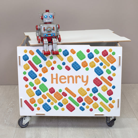 Personalisierte Rollbox aus Holz von clipfritz - Bunte Bausteinwelt | Kinder-Spielzeugkiste mit Name