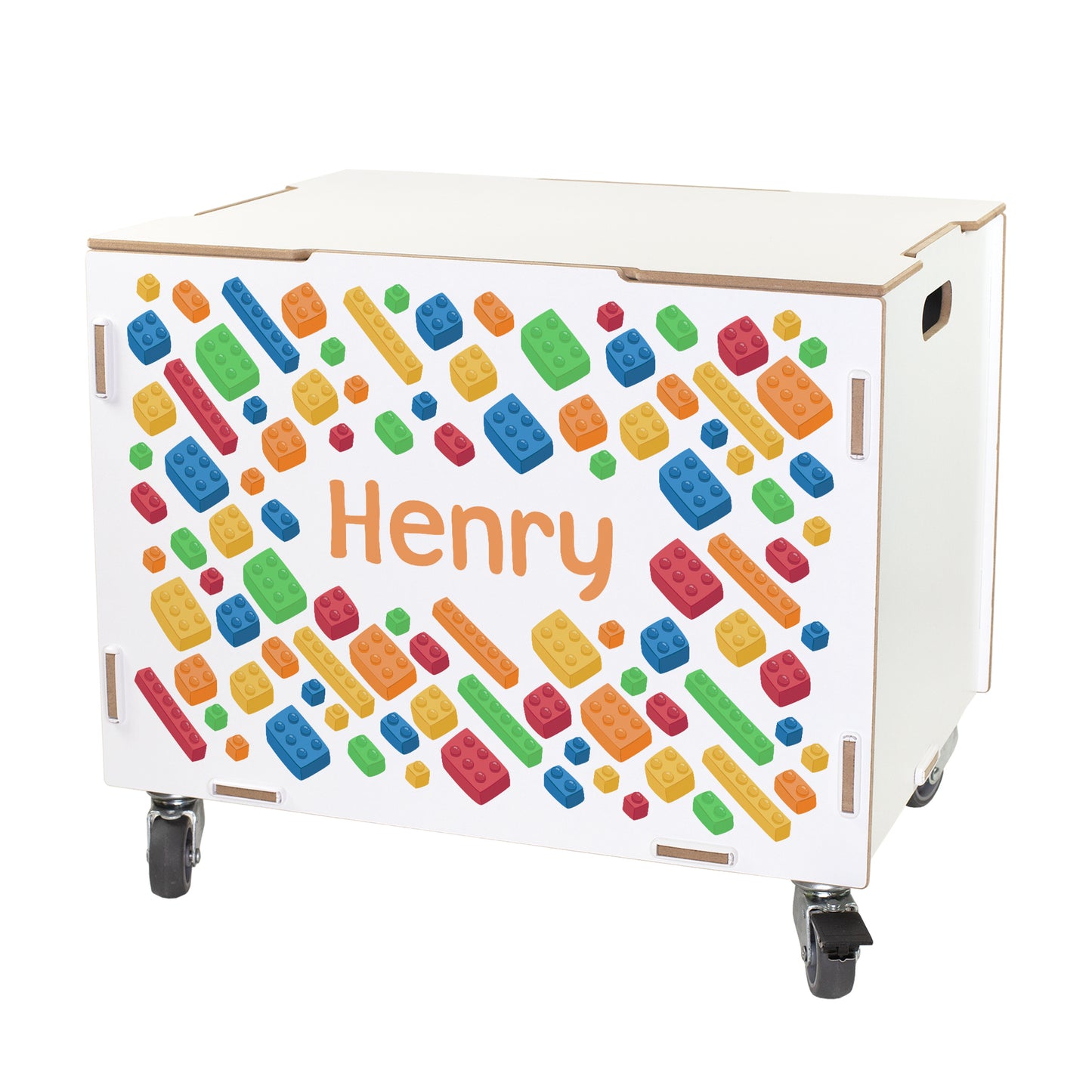 Personalisierte Rollbox aus Holz von clipfritz - Bunte Bausteinwelt | Kinder-Spielzeugkiste mit Name