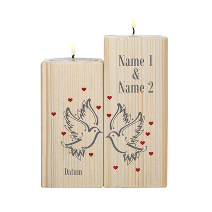 Teelichthalter aus Holz mit Tauben, Herzen, Namen und Datum