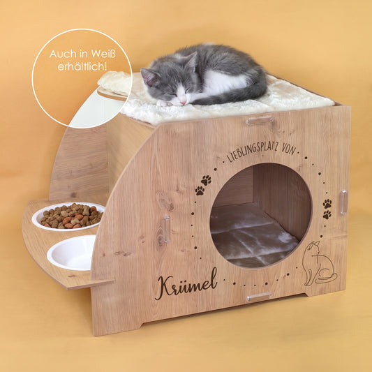 Katzenhaus in Eiche-Optik mit Aufdruck Lieblingsplatz von Krümel, runder Öffnung, Kissen und integrierter Futterstation