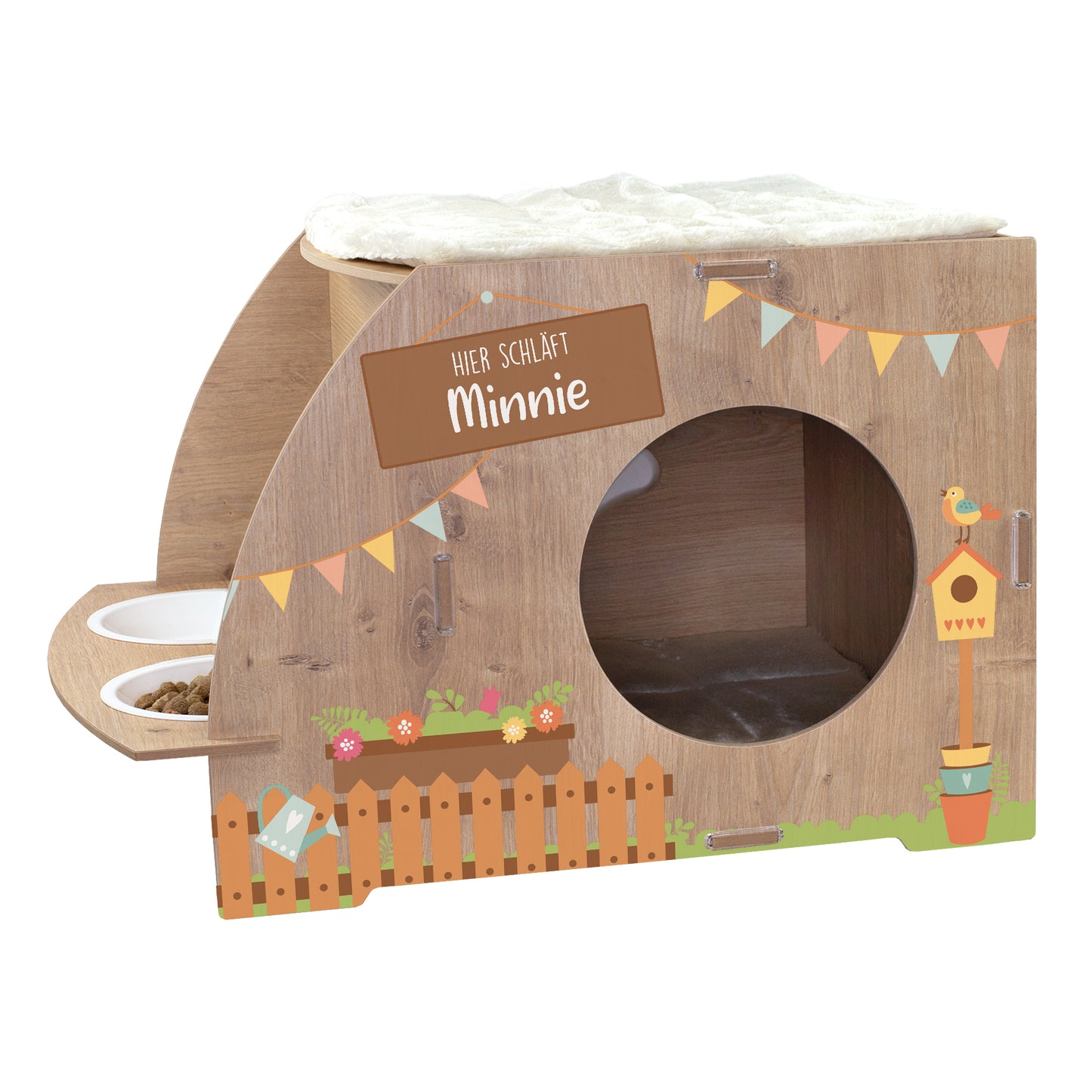 Freigestelltes Katzenhaus mit Gartenmotiv, Wunschtext Hier herrscht Pepper, runder Öffnung, zwei Näpfen und Kuschelkissen