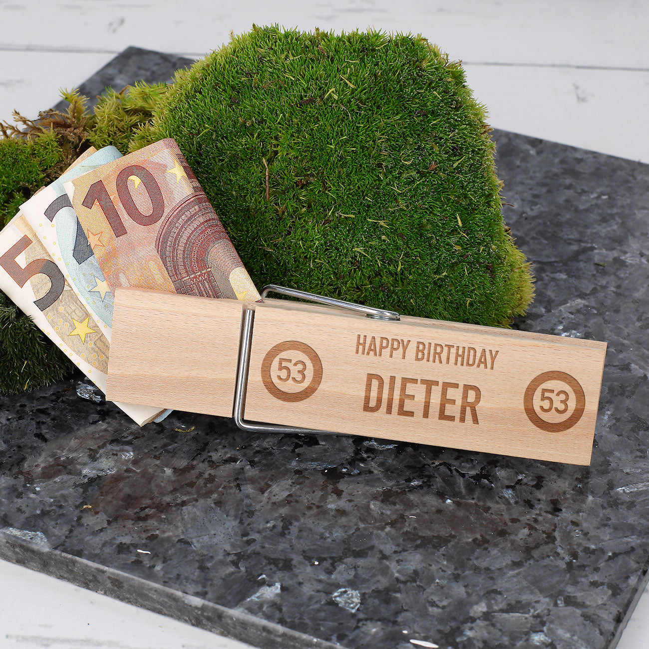 Große Wäscheklammer aus Holz für Geldgeschenke