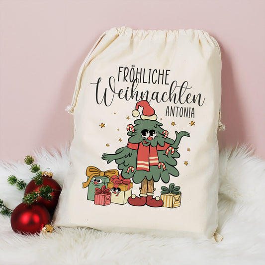 Großer Geschenksack mit Weihnachtsbaum Motiv, Name Antonia und Schriftzug Fröhliche Weihnachten
