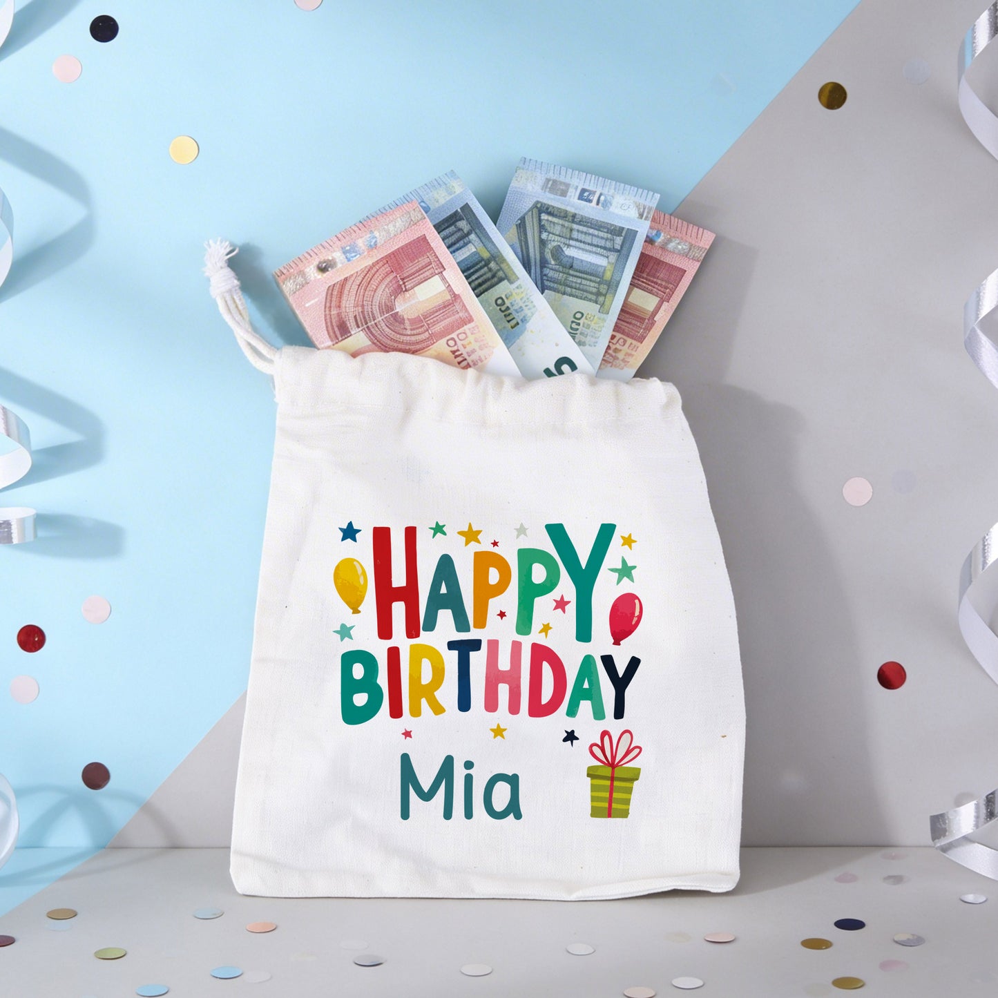 Kleiner Geschenksack als Geldgeschenk mit Happy Birthday Motiv und Name als Geldgeschenk
