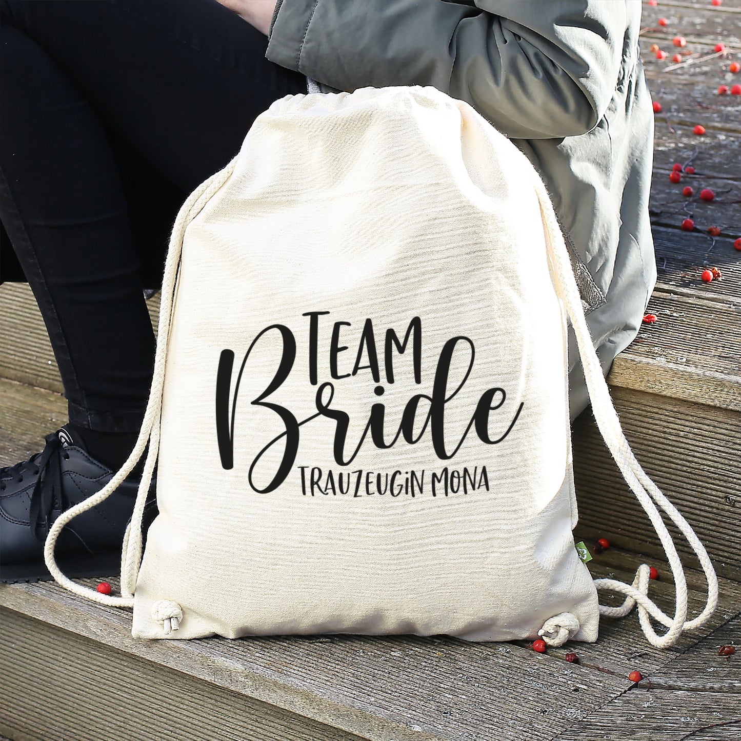 JGA Baumwoll-Rucksack mit Wunschname | Team Bride | Schwarz & Natur