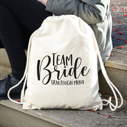 JGA Baumwoll-Rucksack mit Wunschname | Team Bride | Schwarz & Natur