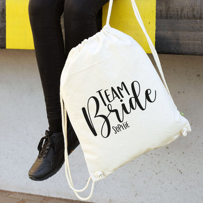 JGA Baumwoll-Rucksack mit Wunschname | Team Bride | Schwarz & Natur