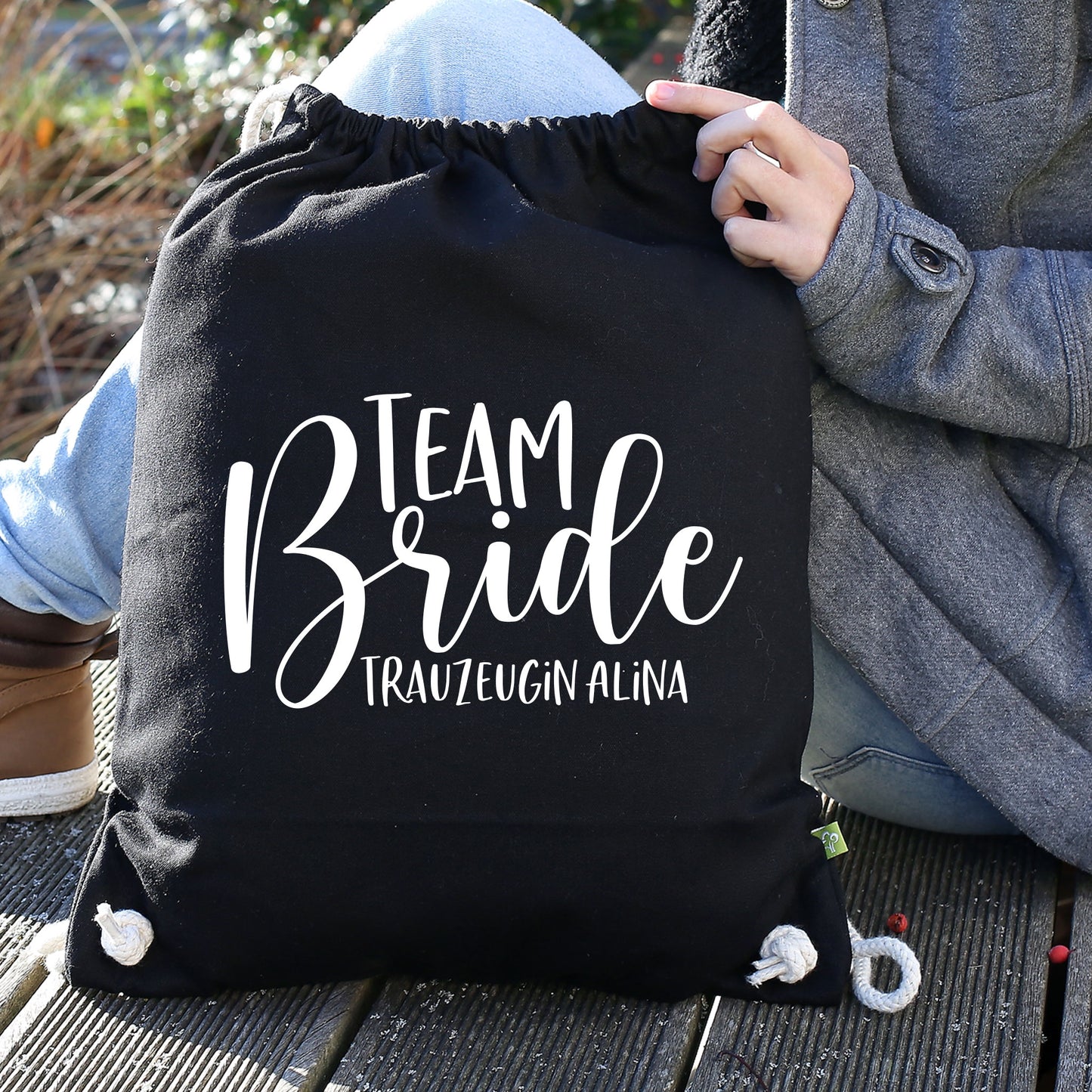 JGA Baumwoll-Rucksack mit Wunschname | Team Bride | Schwarz & Natur
