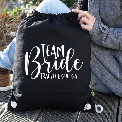 JGA Baumwoll-Rucksack mit Wunschname | Team Bride | Schwarz & Natur